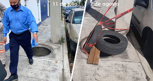 A un mes, Telmex no tapa registro frente a centro de SSC en Valsequillo 