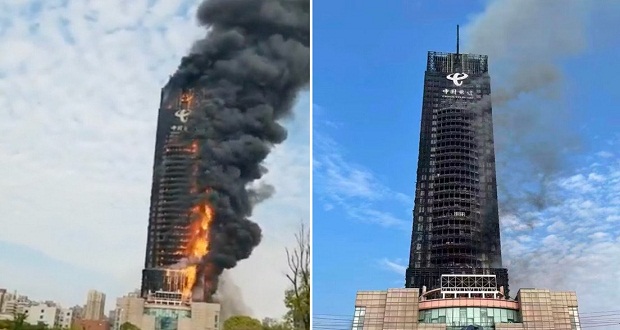 Arde rascacielos en China; bomberos logran sofocar incendio