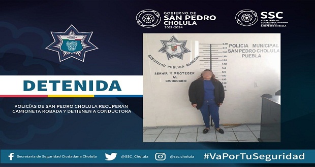 En San Pedro Cholula, detienen a mujer por manejar camioneta robada