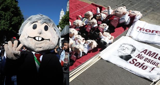 Con muñecos, pancartas e imágenes, poblanos muestran apoyo a López Obrador