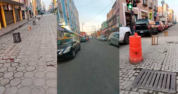 Aprovechan obras en centro de Puebla para estacionarse en doble fila sobre 3 Norte