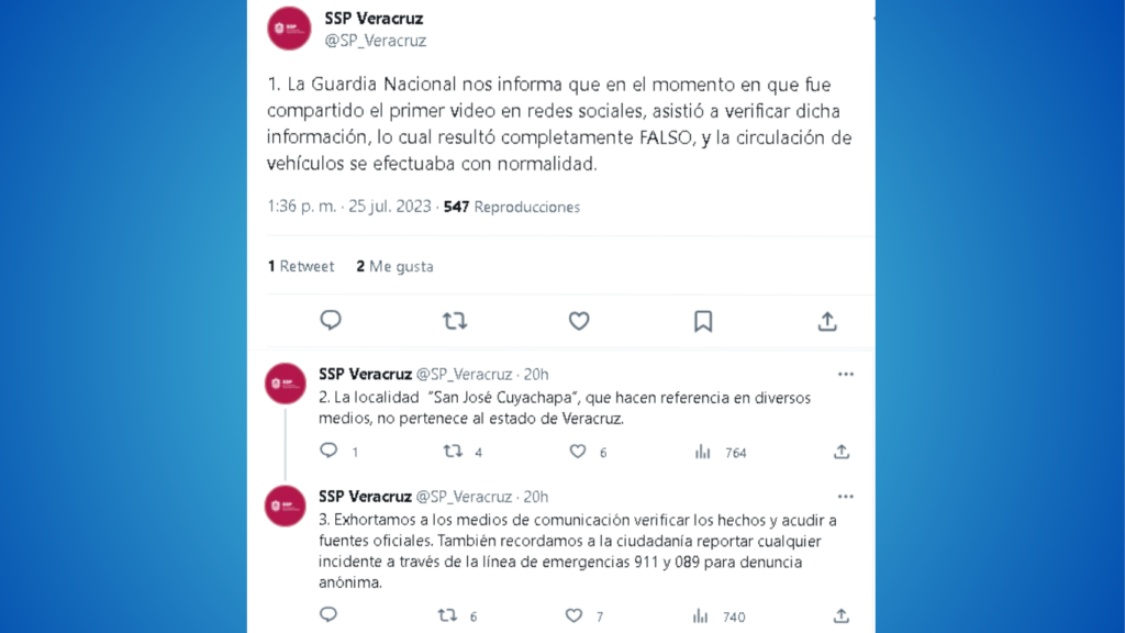 Informó que el Gobierno de Veracruz dió a conocer que no hubo ningún bloqueo, que fuerzas armadas sobrevolaron el lugar y no detectaron algún tipo de actividad, además de que la Guardía Nacional notificó directamente que no hubo tal hecho;; aunado a que no hubo denuncias por parte de ninguno de los viajeros