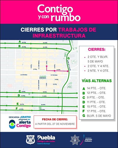 Mapa de vías alternas para evitar atrasos a los traslados. Foto: Ayuntamiento de Puebla.
