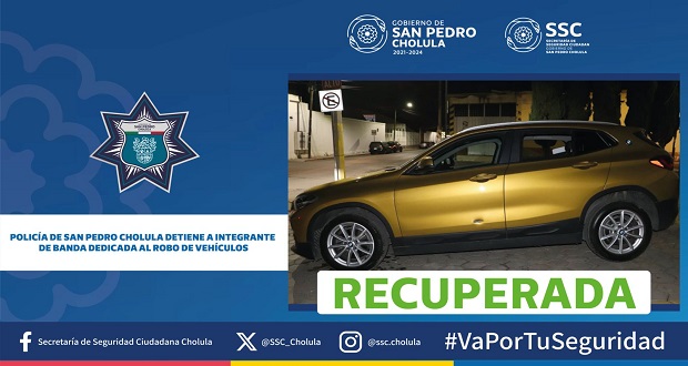 Detienen en San Pedro Cholula a integrante de banda de robo de autos