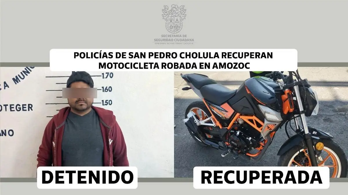 Policía de San Pedro Cholula detiene a uno por motocicleta robada en Amozoc