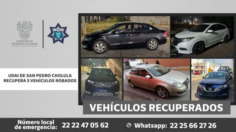 Policía de San Pedro Cholula recupera 5 vehículos robados; ya son 30 en el año