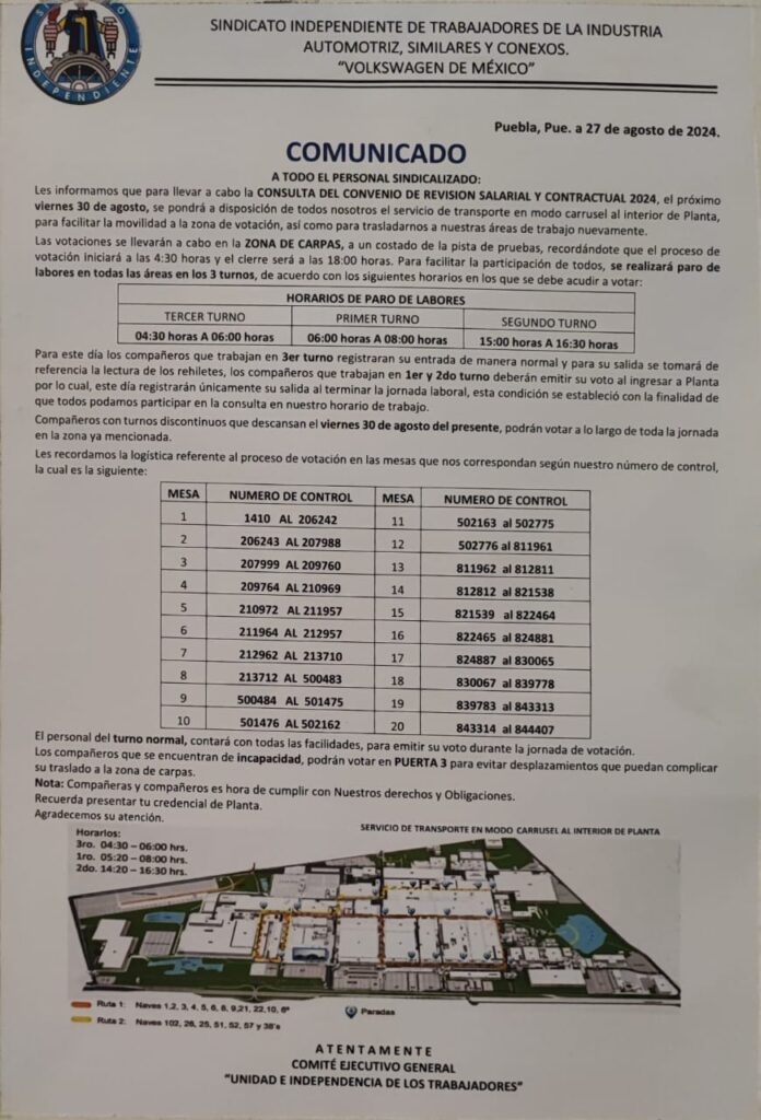 Comunicado del sindicato sobre logística de votación