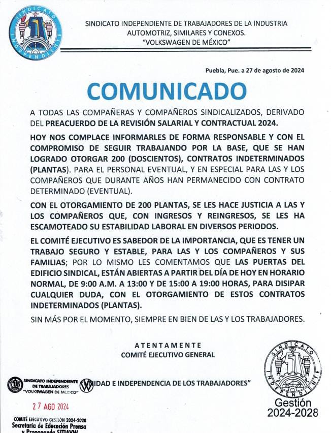 Comunicado del sindicato sobre otorgamiento de plazas en Volkswaguen