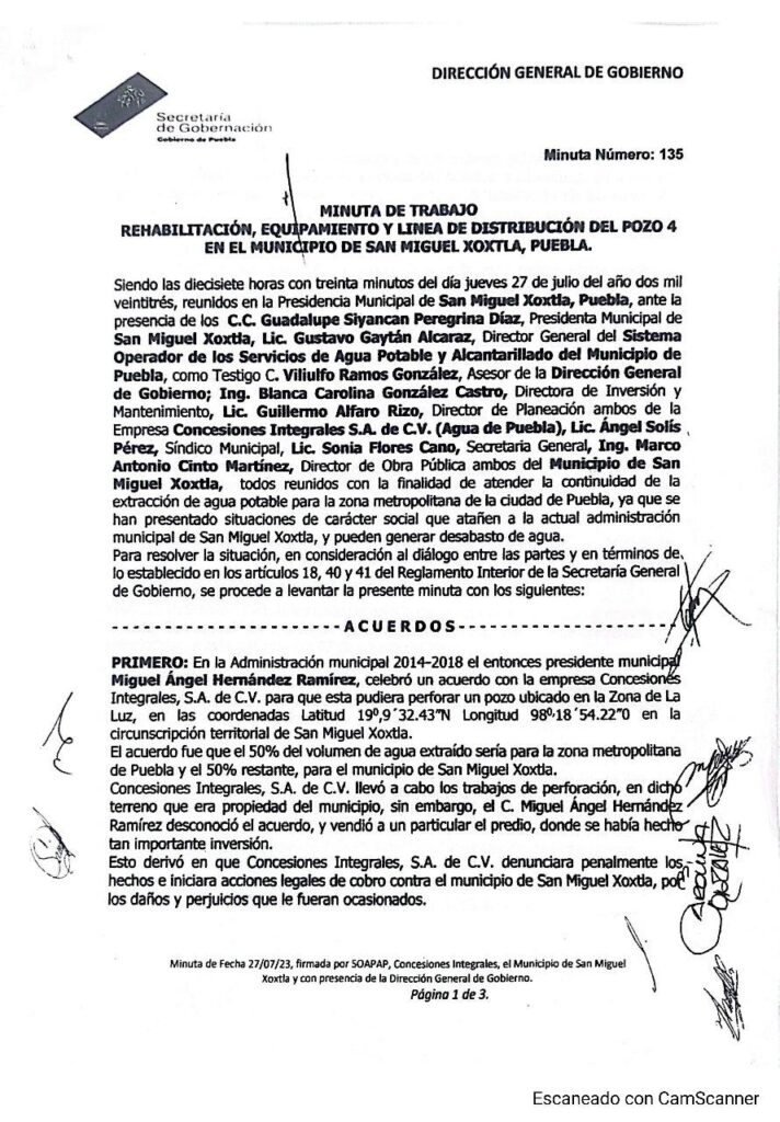 Miguel Ángel Hernández Pérez se celebró un acuerdo con Concesiones Integrales (Agua de Puebla) para que la empresa pudiera perforar el pozo cuatro ubicado en la zona de La Luz.