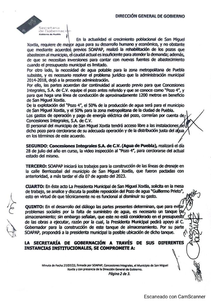 Miguel Ángel Hernández Pérez se celebró un acuerdo con Concesiones Integrales (Agua de Puebla) para que la empresa pudiera perforar el pozo cuatro ubicado en la zona de La Luz.