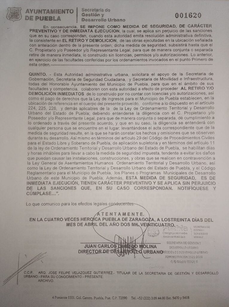 Documento oficial que acredita la demolición del predio