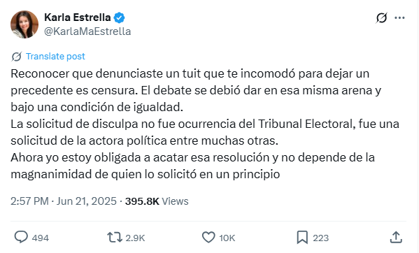 Disculpas públicas de Karla Estrella