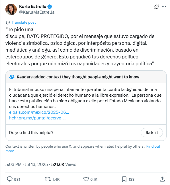 Disculpas públicas de Karla Estrella