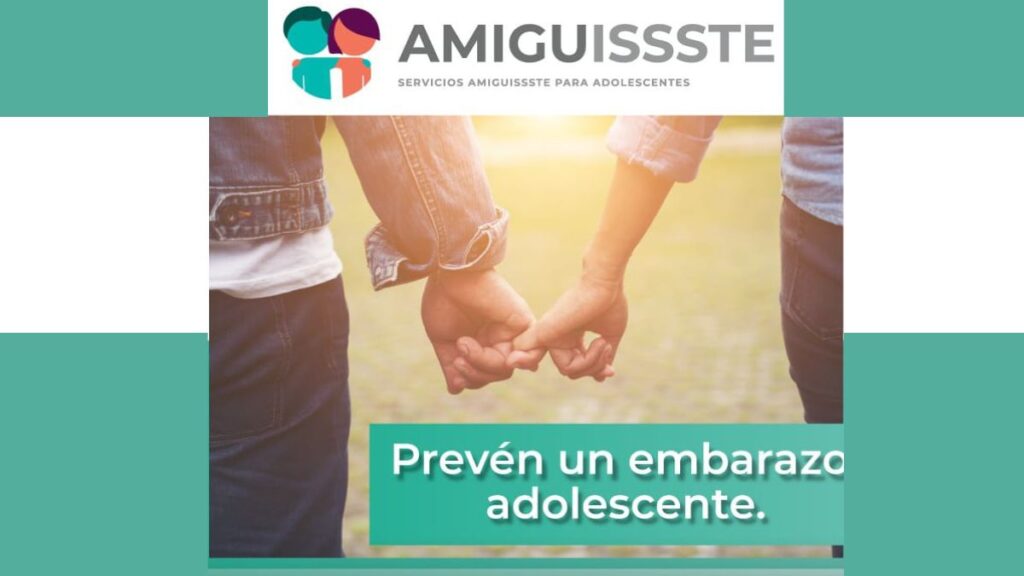 En el centro se muestra una pareja joven tomada de la mano, con un fondo cálido al atardecer. En la parte inferior aparece el mensaje “Prevén un embarazo adolescente”.