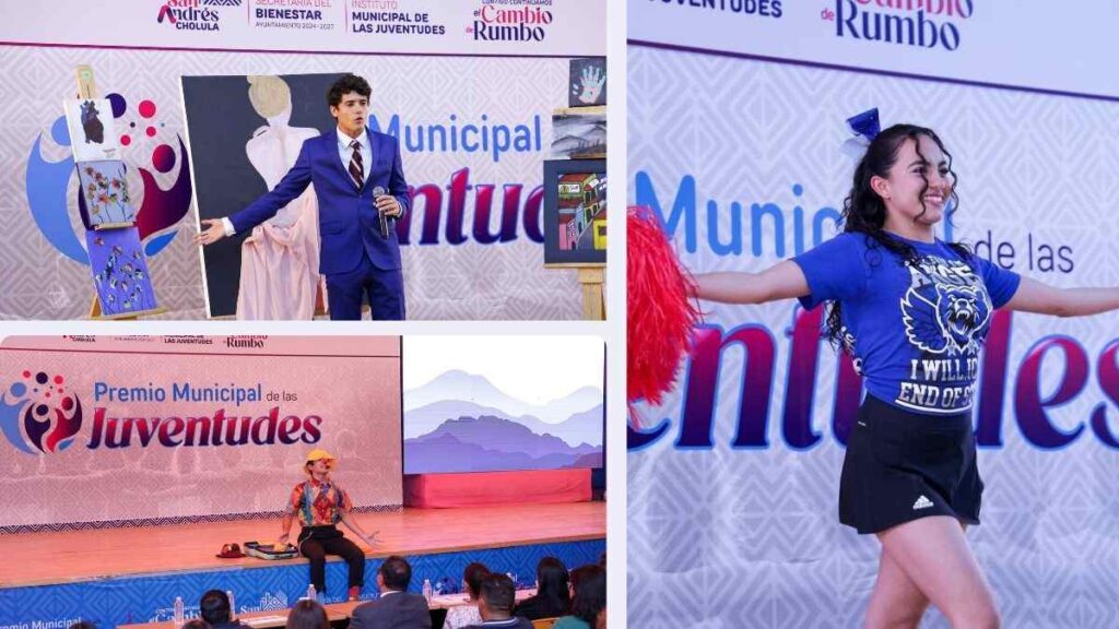 Un joven con traje azul presenta obras de arte mientras sostiene un micrófono. A la derecha, una joven animadora sonriente realiza una presentación con pompones rojos. En la parte inferior, un joven disfrazado participa en una actuación teatral frente a una audiencia.