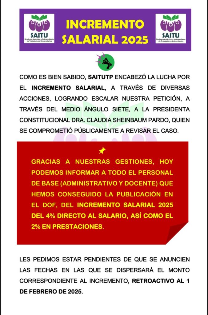 Comunicado sobre aumento salarial a docentes y adminsitrativos de las universidades tecnológicas del Saitu