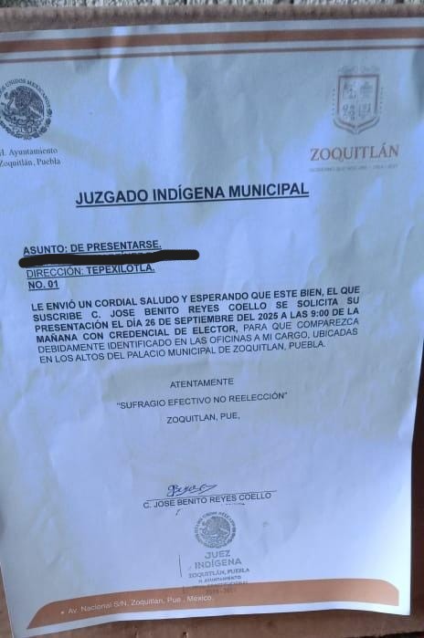 Citatorio del juez indígena municipal de Zoquitlán