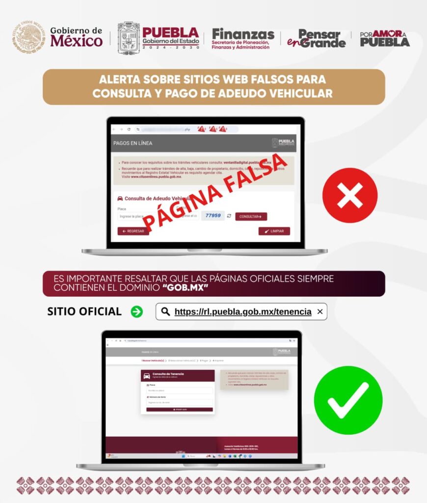 Alerta por sitios de internet falsos para pago de adeudo vehicular en Puebla