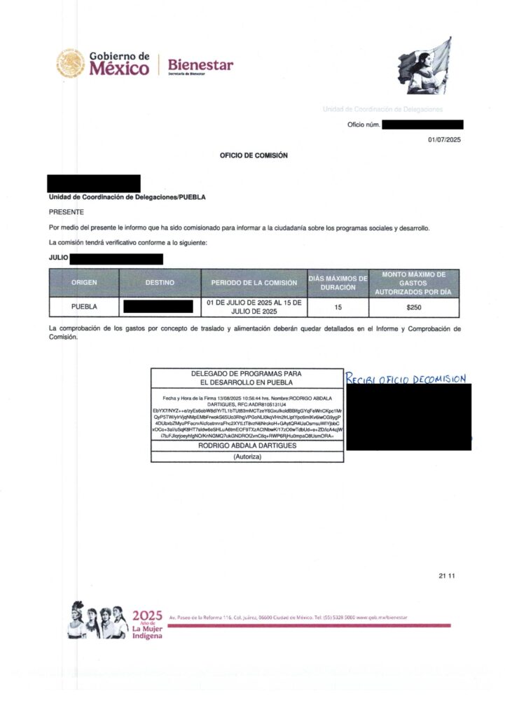 Oficio de Comisión con firma de recibido del "servidor de la nación"