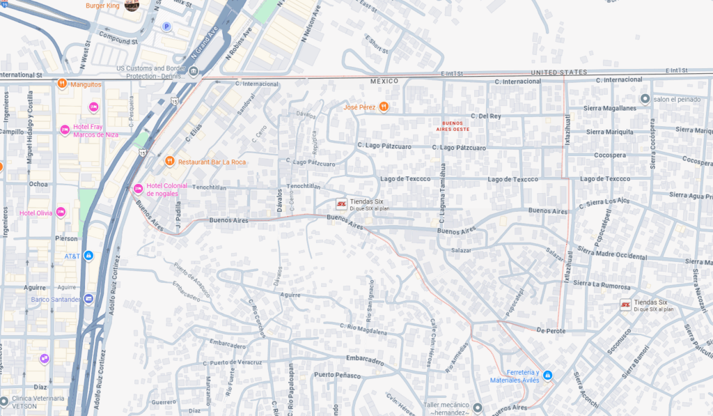 Mapa de la colonia Buenos Aires en Nogales, Sonora, que colinda con la frontera entre México y Estados Unidos