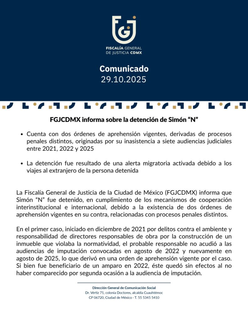Comunicado oficial de la Fiscalía General de Justicia de la Ciudad de México
