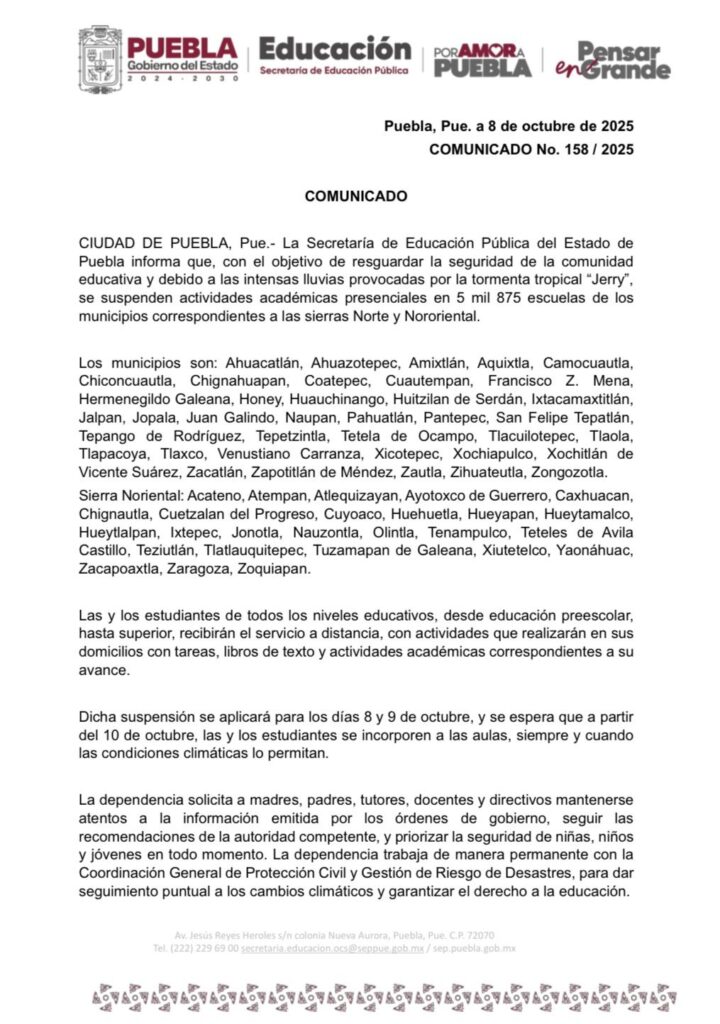 Informe oficial del Gobierno de Puebla sobre la suspensión de clases en municipios de la Sierra Norte