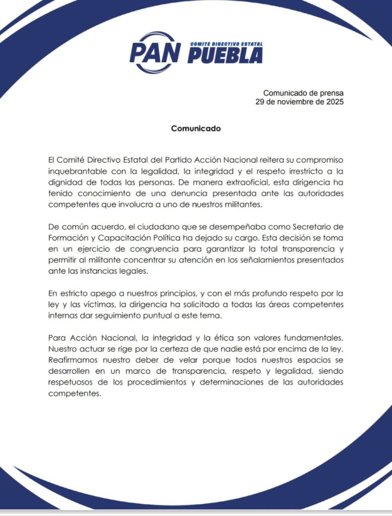 Comunicado oficial del Partido Acción Nacional