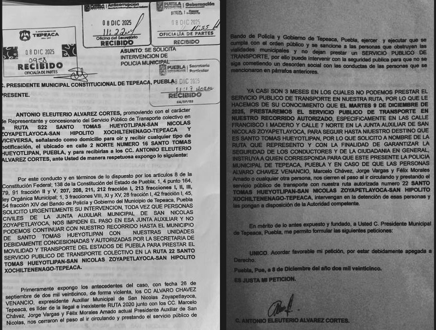 Solicitud de seguridad de ruta S22 a alcalde de Tepeaca