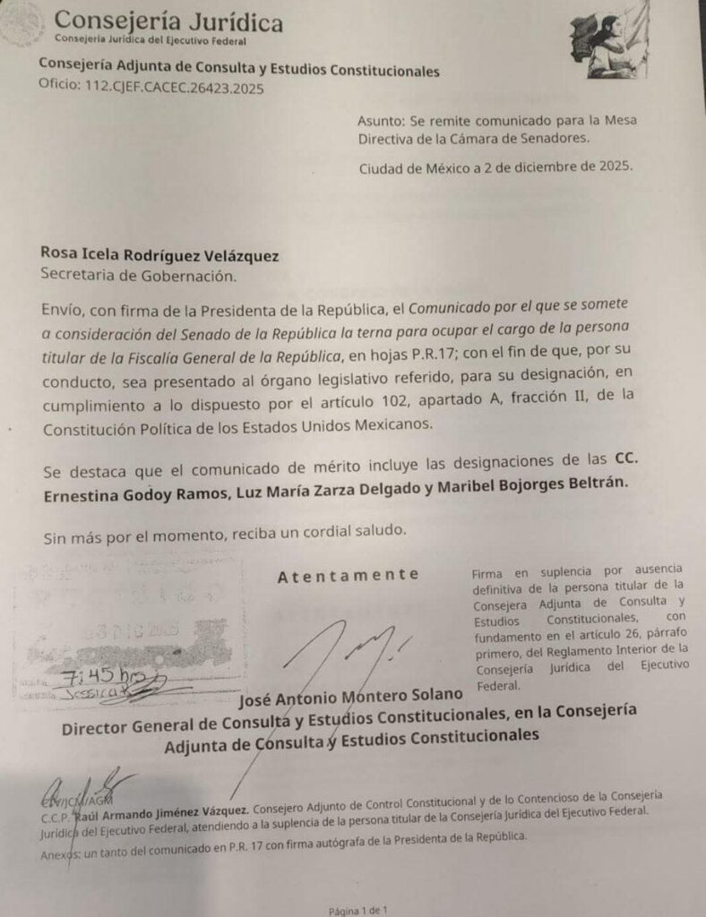 Carta oficial de la Presidencia enviada al Senado de la República