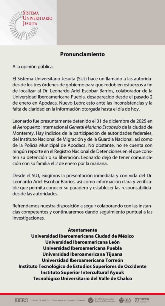 Ibero Puebla urge localizar a Leonardo Escobar a 11 días de su desaparición