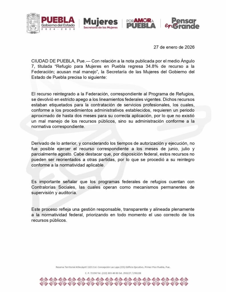 Reintegro de recurso del refugio de Puebla a Federación fue legal: Secretaría de Mujeres