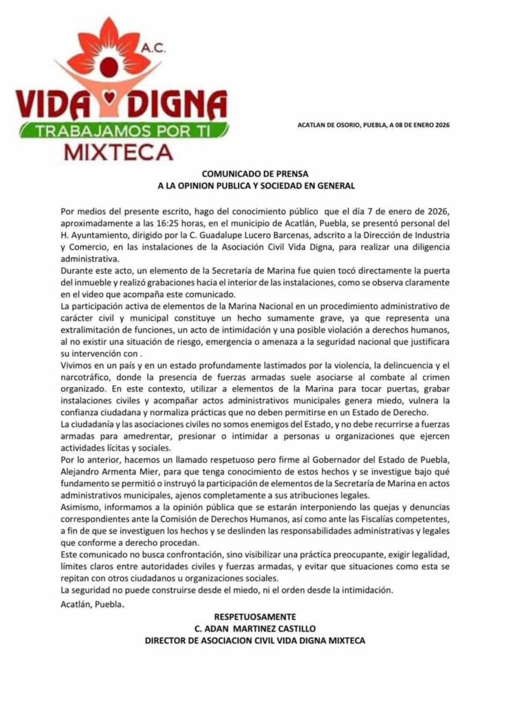 Asociación civil Vida Digna Mixteca acusa intimidación de Marina en inmueble en Acatlán 