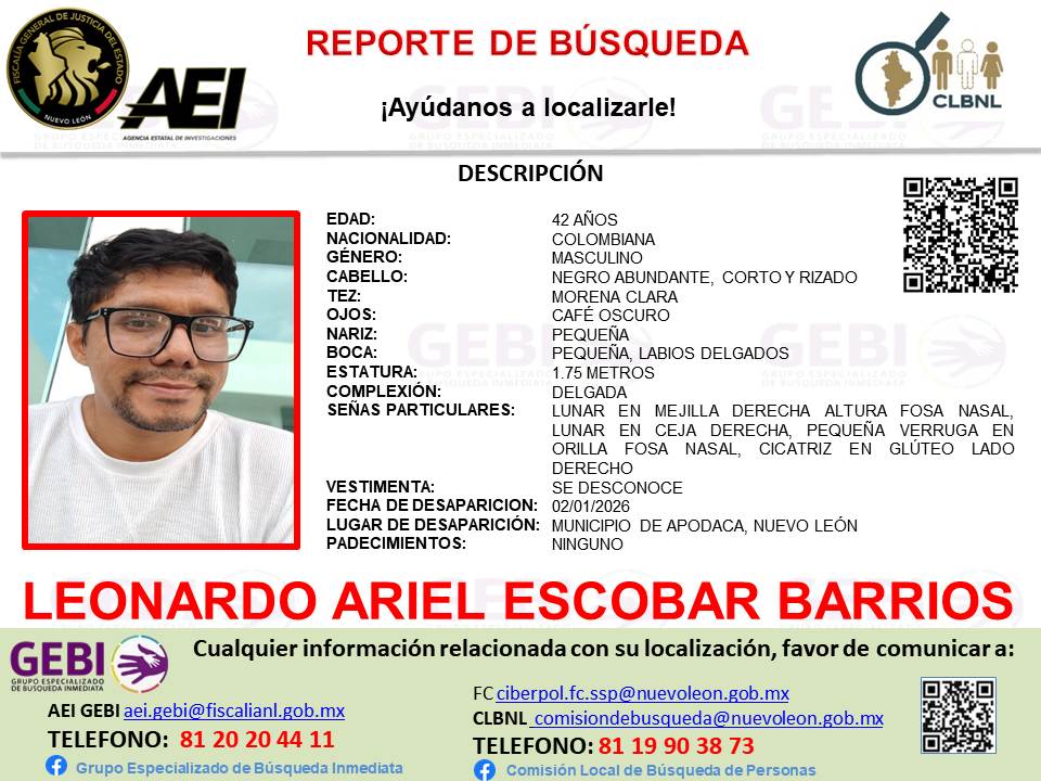 Boletín de búsqueda del académico de Ibero Puebla, Leonardo Escobar