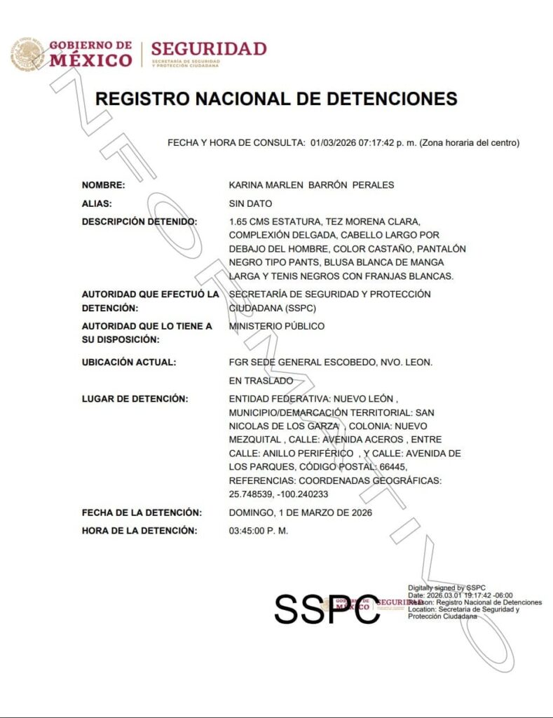 Ficha oficial de la detención de Karina Barrón