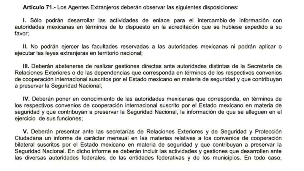 Artículo 71 de la Ley de Seguridad Nacional sobre agentes extranjeros en México