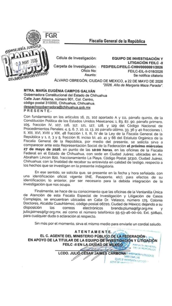 Acuse de recibido del citatorio de FGR a Maru Campos