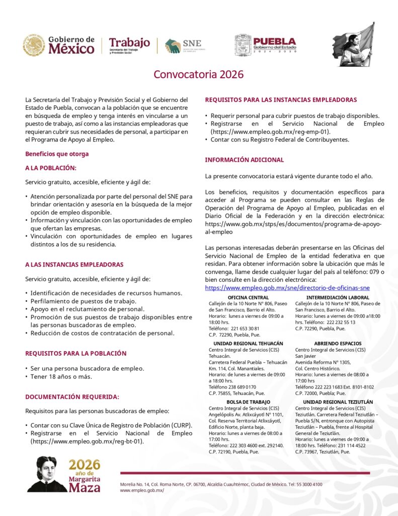 Convocatoria para Programa de Apoyo al Empleo 2026 en Puebla