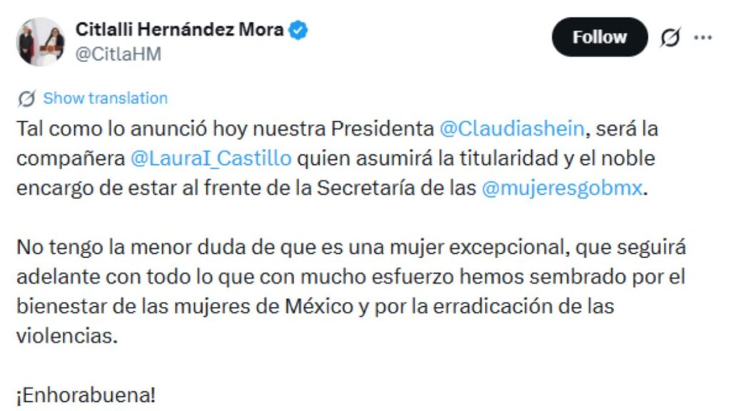 Publicación de Citlali Hernández Mora en X