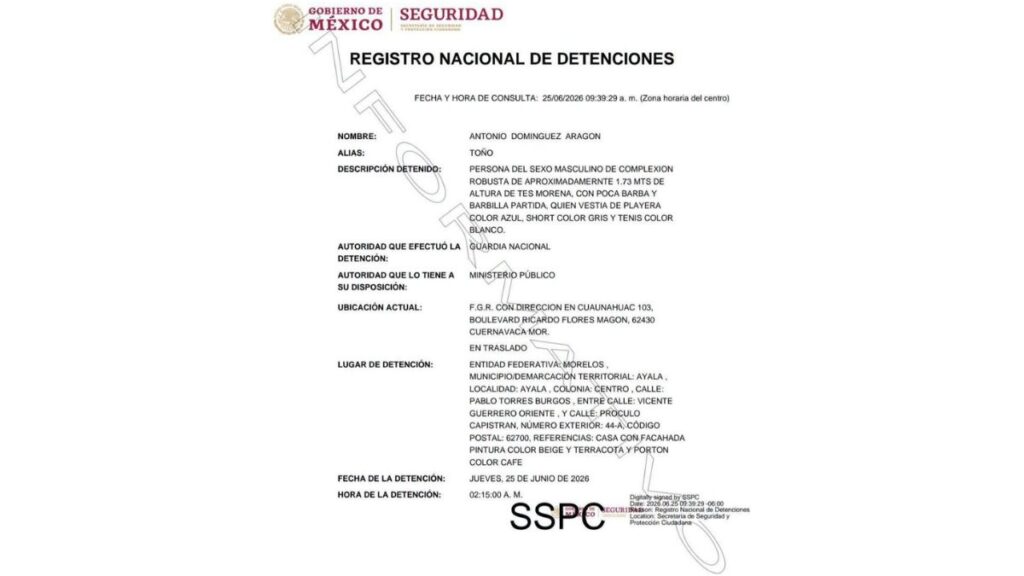 Ficha de detención de Antonio N. en el Registro Nacional de Detenciones