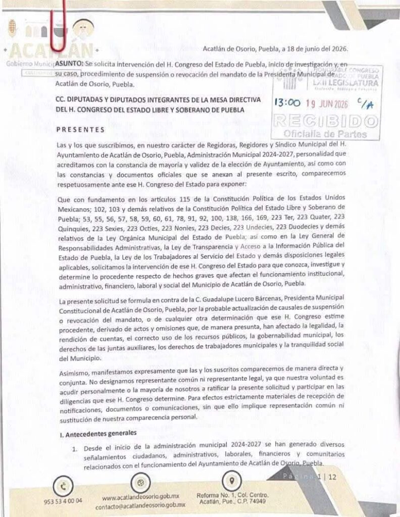 Cabildo de Acatlán envía a Congreso de Puebla solicitud para revocación de Lupita Bárcenas
