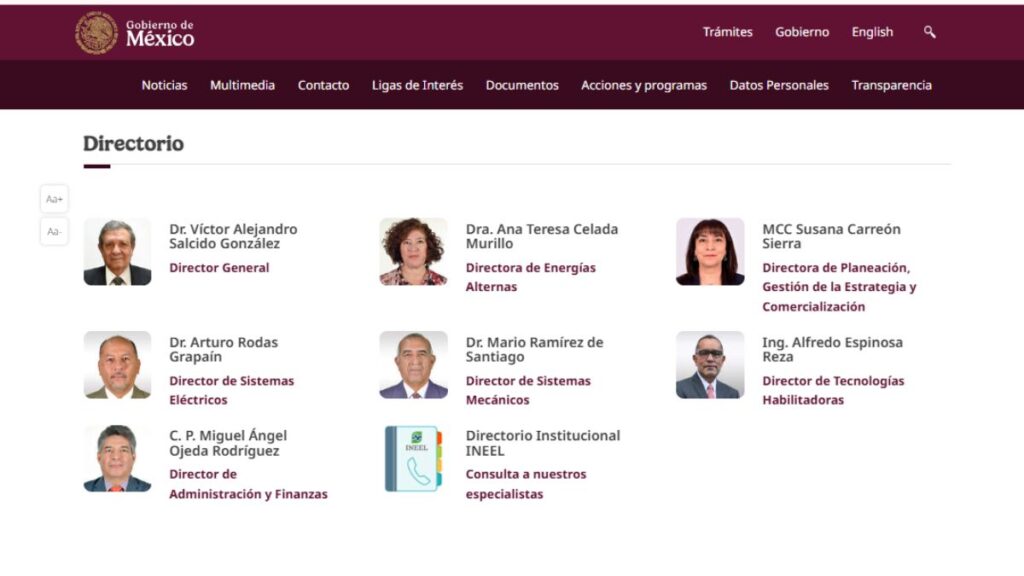 Directorio del Ineel en la página oficial del gobierno