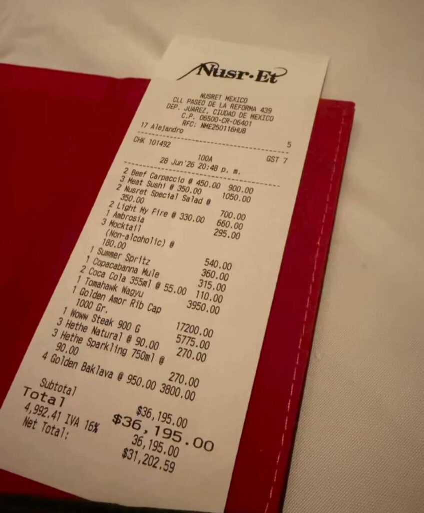 Influencer advierte sobre supuesto modus operandi en restaurante de lujo Nusr-Et Steakhouse de CDMX