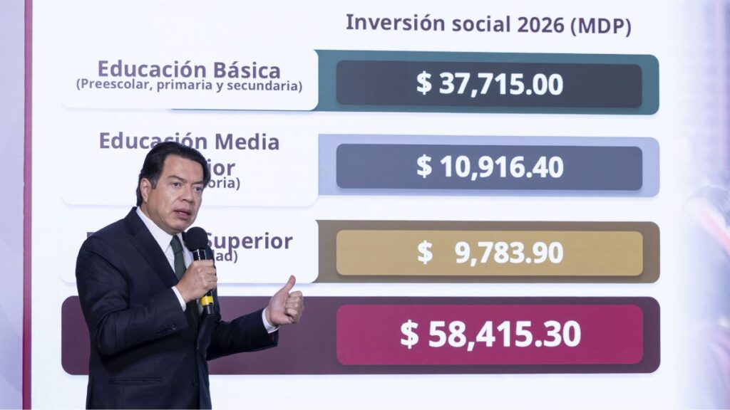El titular de la SEP, Mario Delgado, en conferencia de prensa